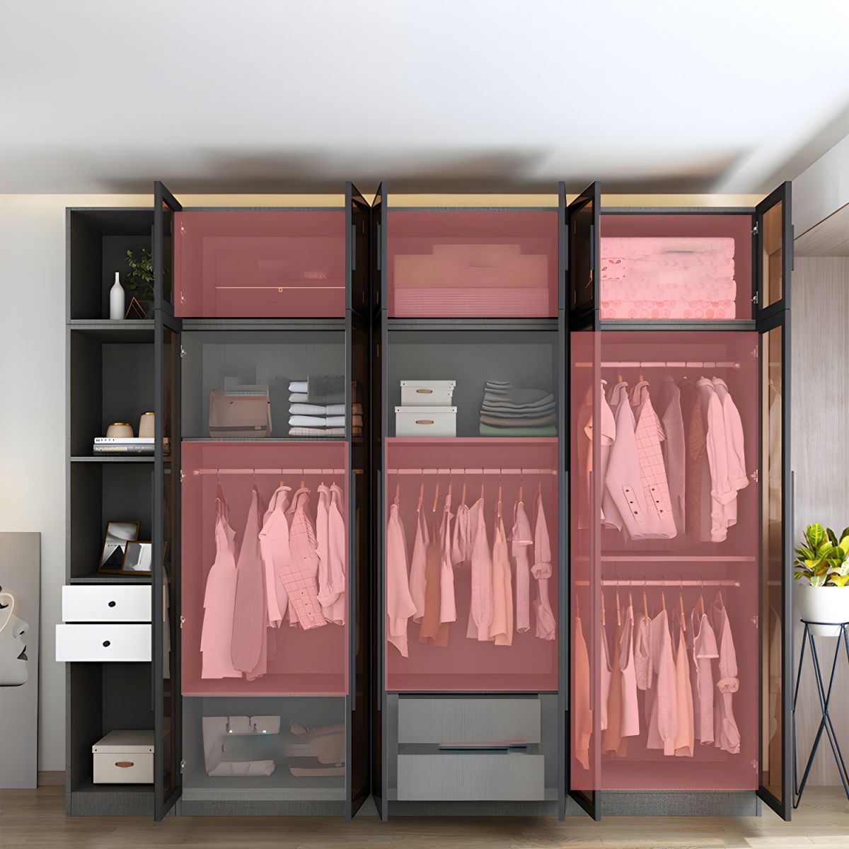 Siyah Cam Kapaklı Modern Gardrop