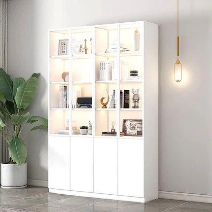 Modern Cam Kapaklı 6 Raflı Kitaplık Led aydınlatmalı 4 Kapaklı 160x33x200
